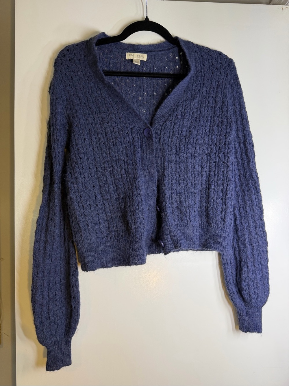 See U Soon Blue Pointelle Knit Balloon Sleeve Cardigan M/L